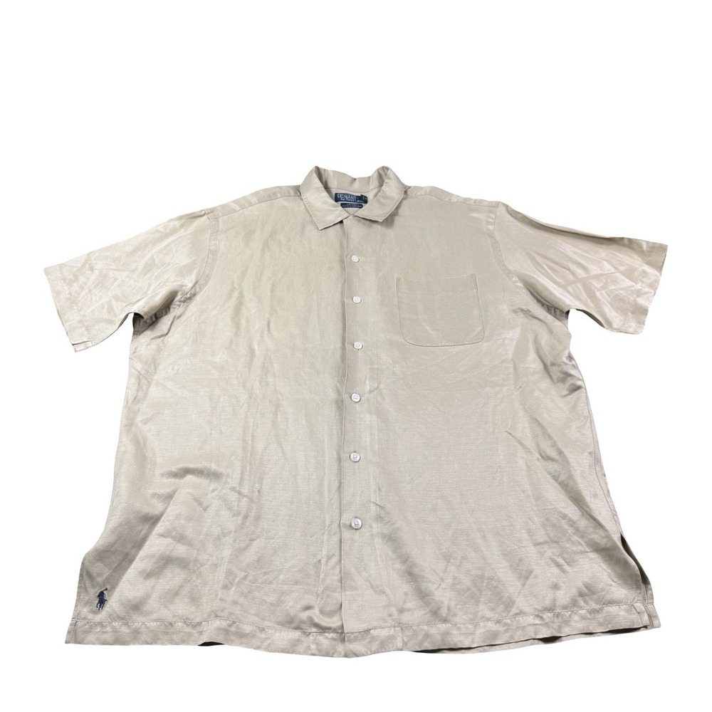 Polo Ralph Lauren Brown VTG 90s Silk Linen Loop Collar Button Front XL NWOT‎